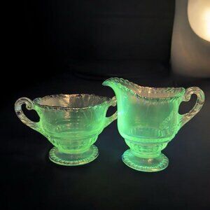 Cambridge Glass GADROON Sugar Creamer Set Silver‎ Green UV Glow Manganese 365nm